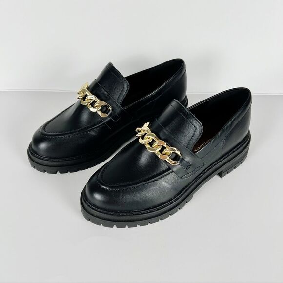 Anthropologie Black Leather Lug Sole Platform Loafers With Gold Chain Size 6 - Picture 1 of 10